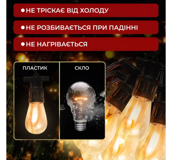 Гірлянда вулична у стилі ретро світлодіодна жовта S14 на 10 LED ламп завдовжки 5 метрів S14Y