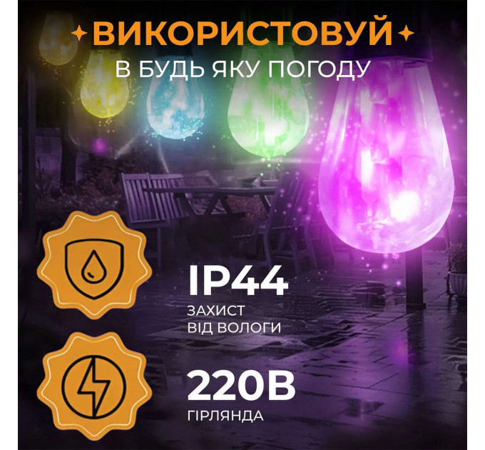 Гірлянда вулична у стилі ретро світлодіодна мультиколор S14 на 10 LED ламп завдовжки 5 метрів S14ML