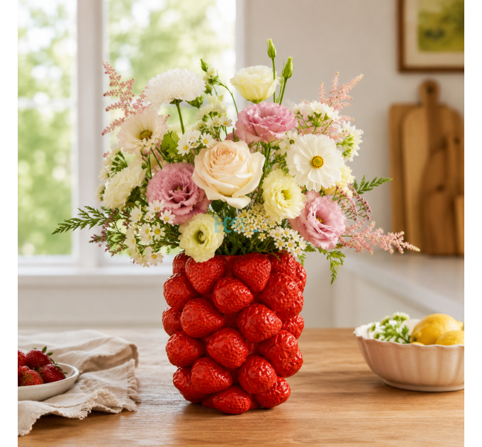 Порцелянова ваза Strawberries червона декоративна для квітів 21×24 см (457-394)